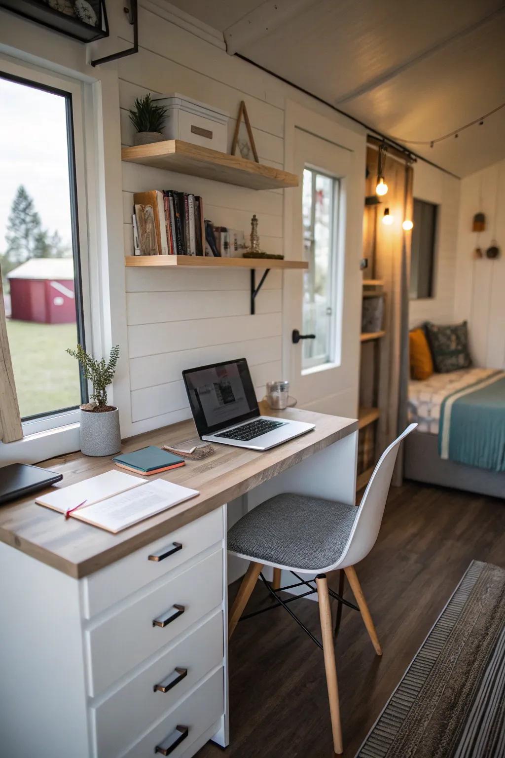 A compact desk perfectly fits into a cozy nook.