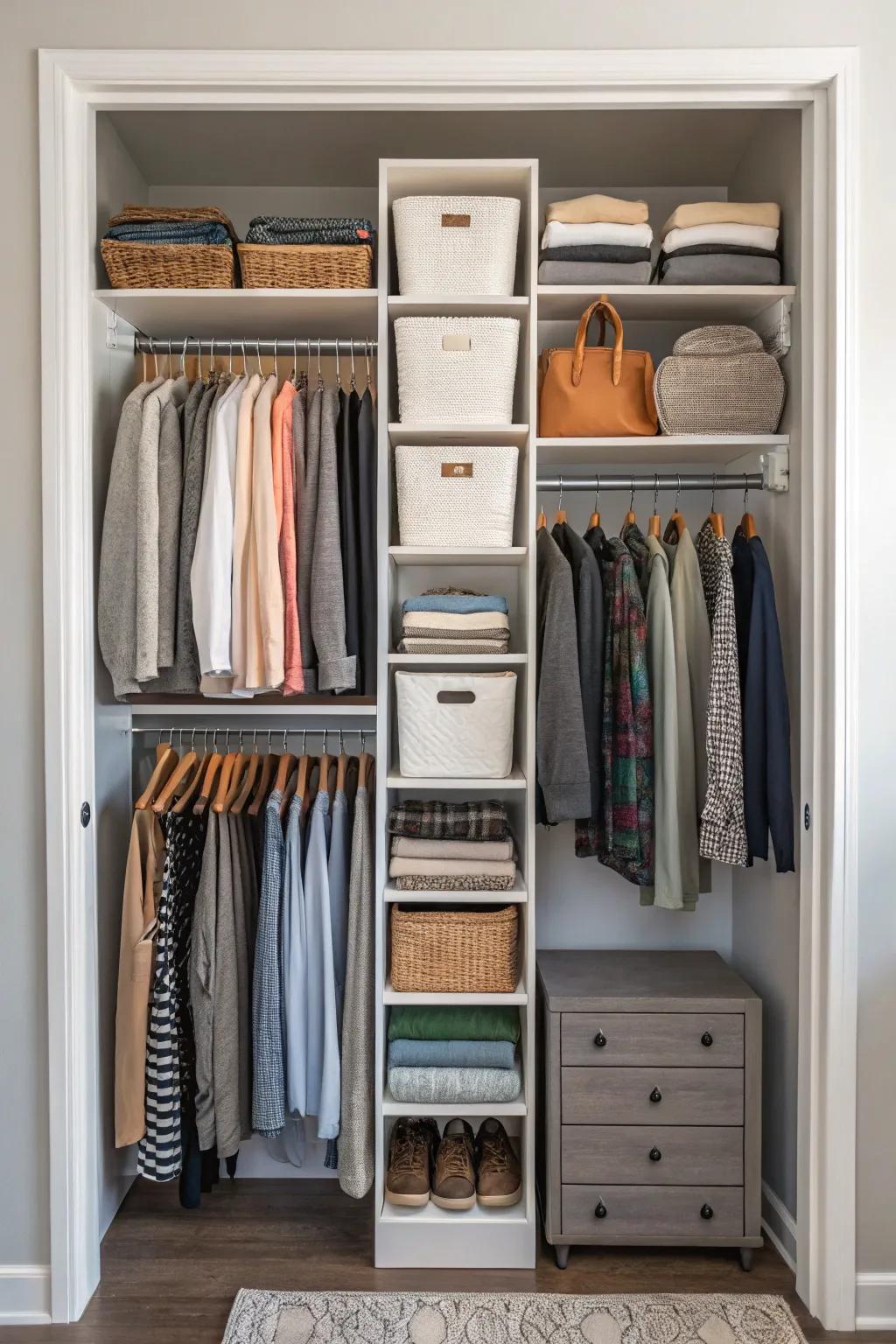 Vertical storage transforms your closet into a spacious haven.