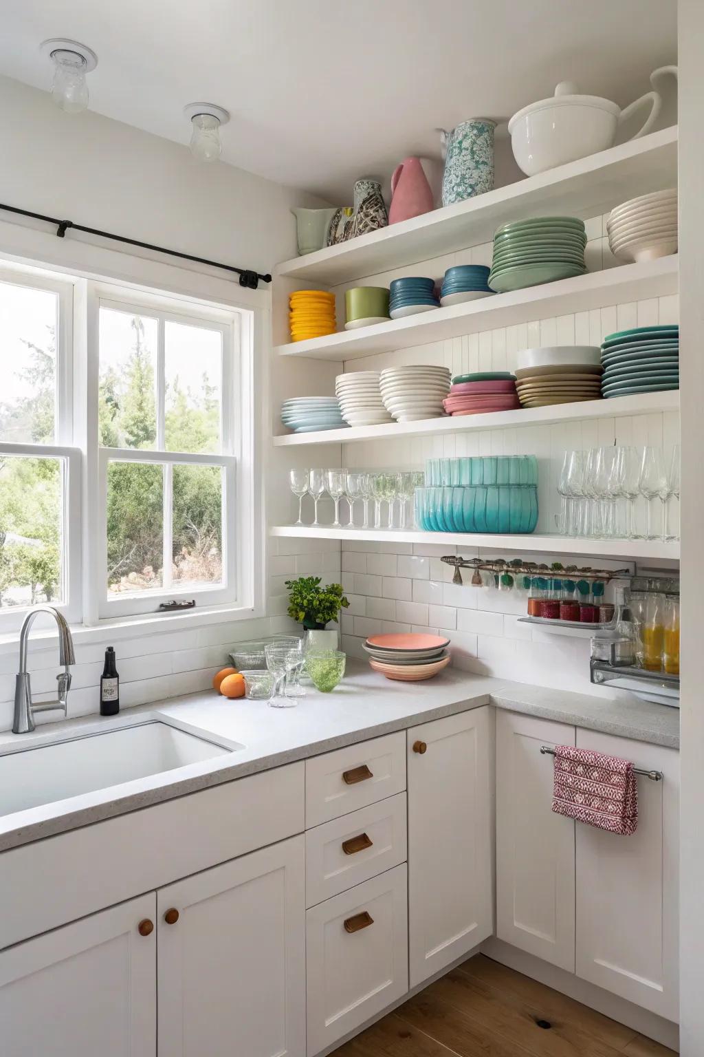 Open shelving brings a sense of openness and style to a tiny kitchen.