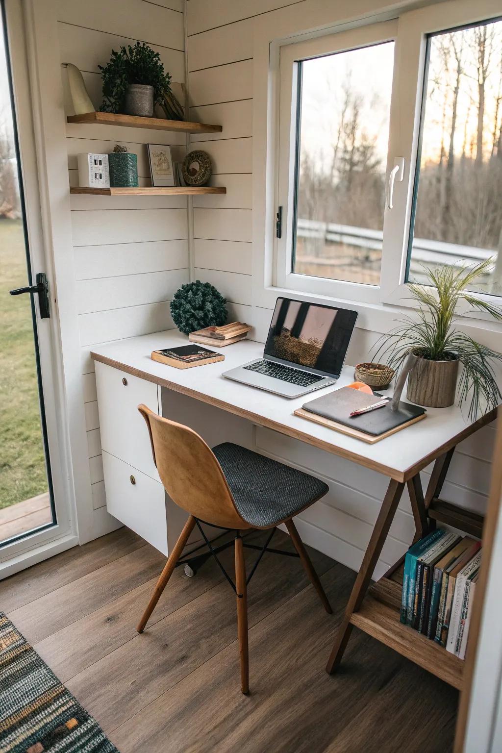 Corner desks are ideal for making the most of limited space in tiny house offices.