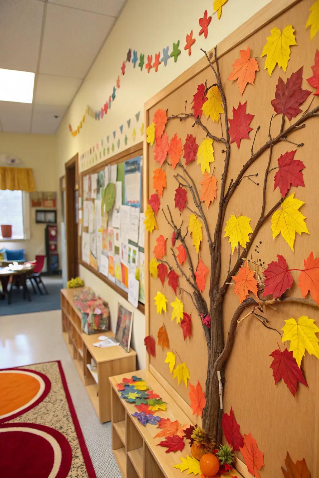 An autumn-themed board showcasing colorful paper leaves.