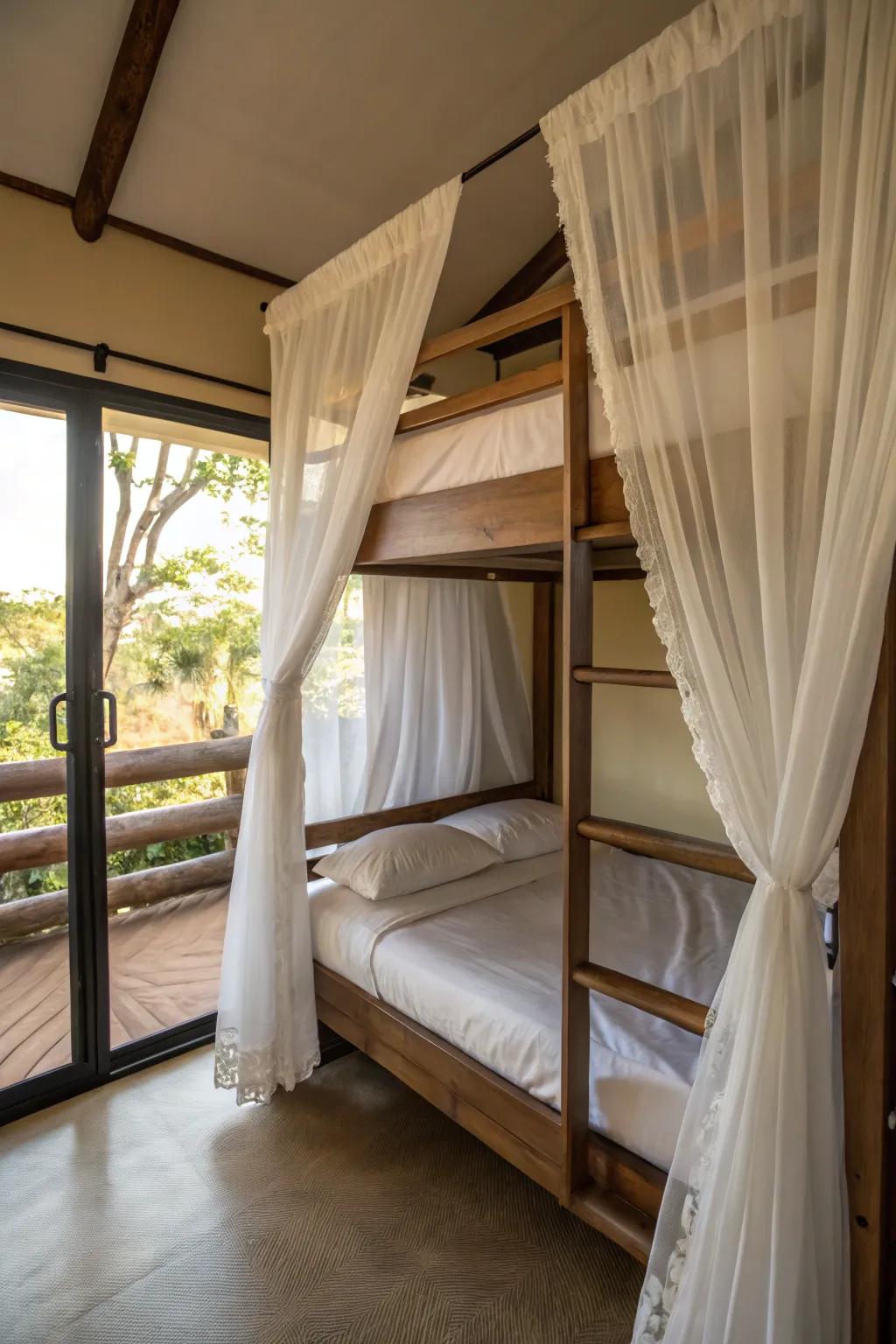 Sheer curtains bring elegance and privacy to the top bunk.