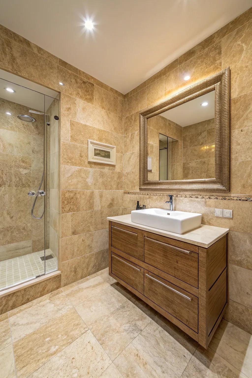 A bathroom featuring walls and floors entirely clad in travertine tiles for a cohesive and luxurious look.