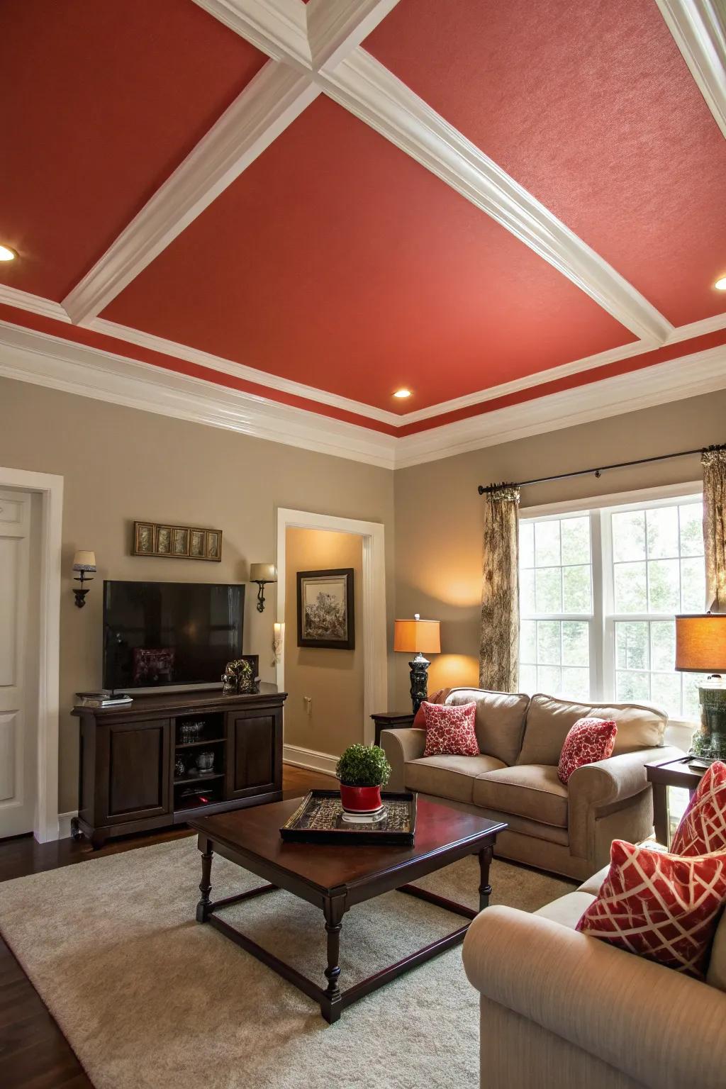 A living room with a boldly painted tray ceiling creating a striking contrast.