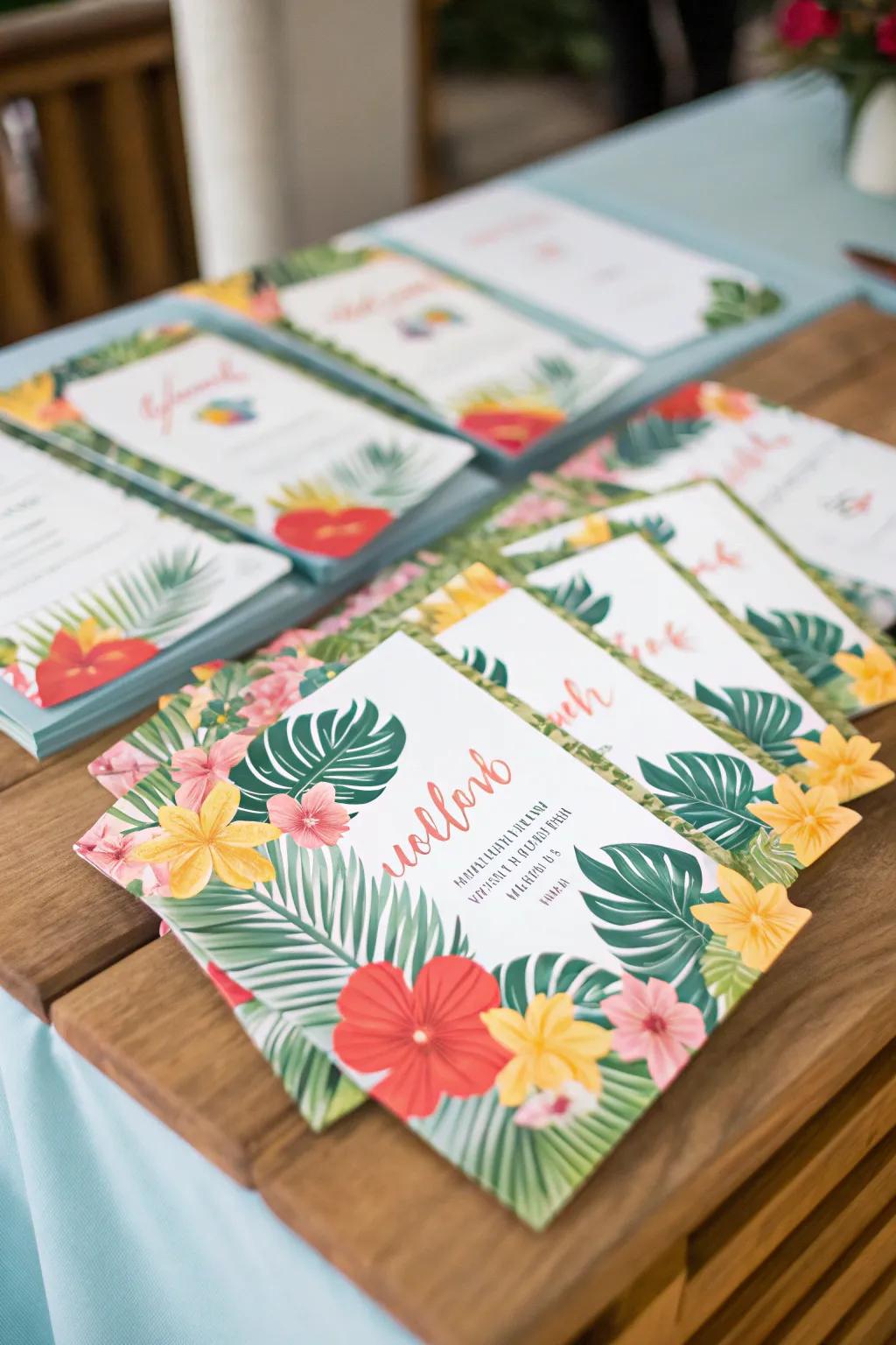 Set the scene with vibrant tropical invitations.