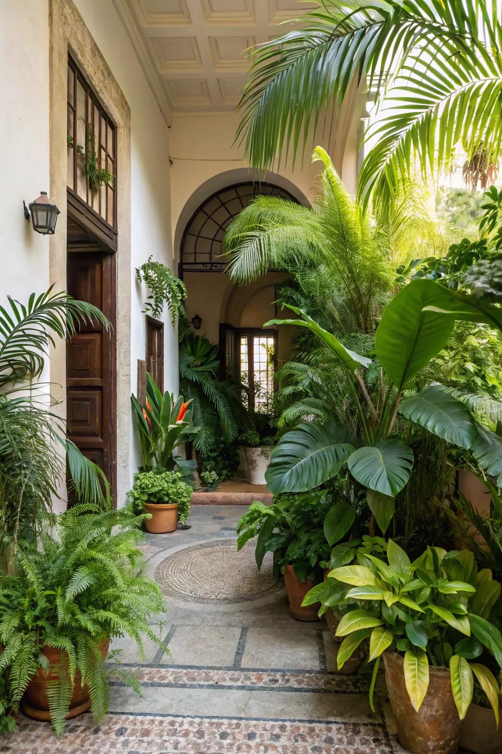 Transform your entryway into a green oasis with tropical plants.