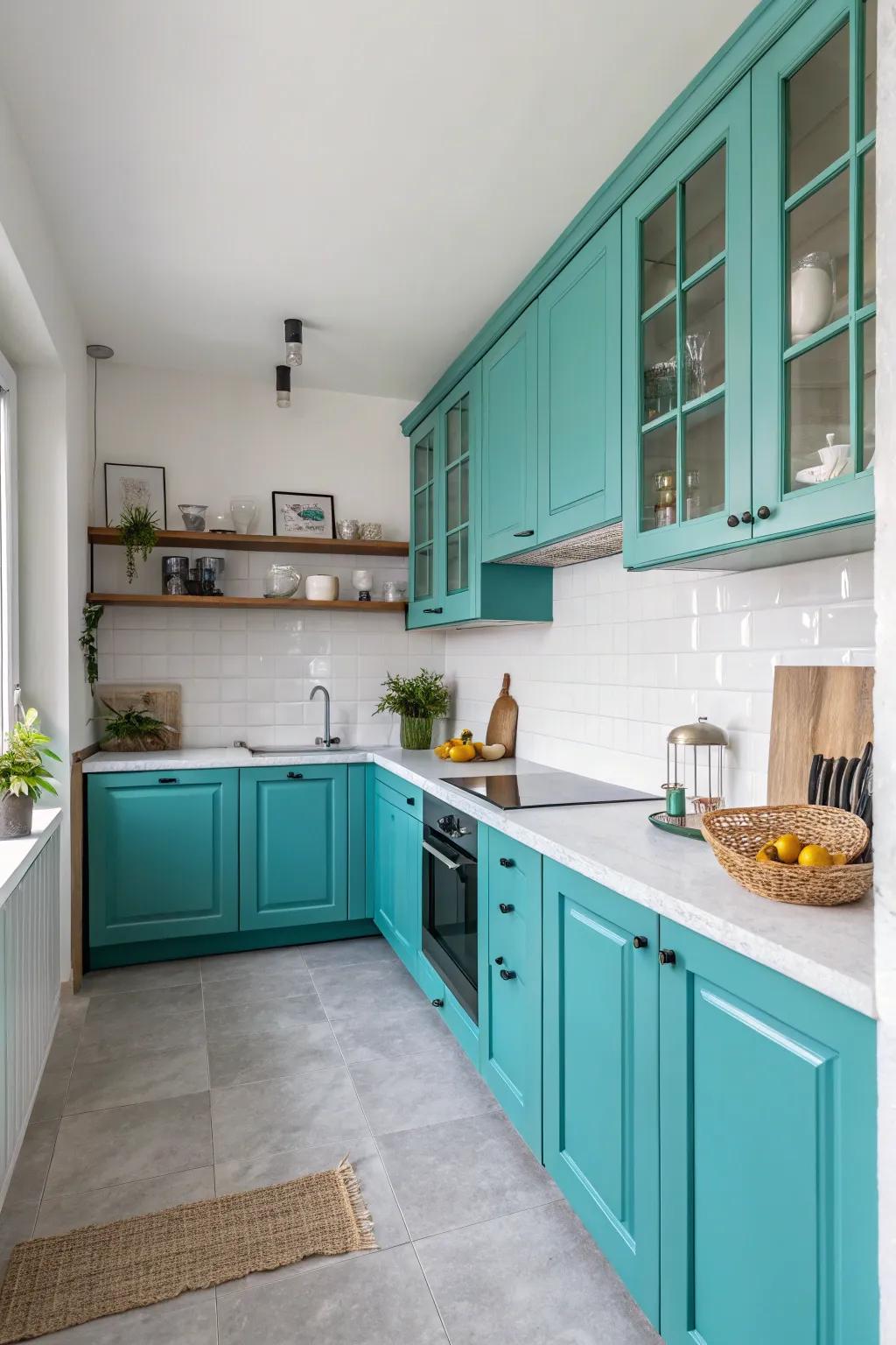 Turquoise cabinets standing out amidst a neutral kitchen backdrop.