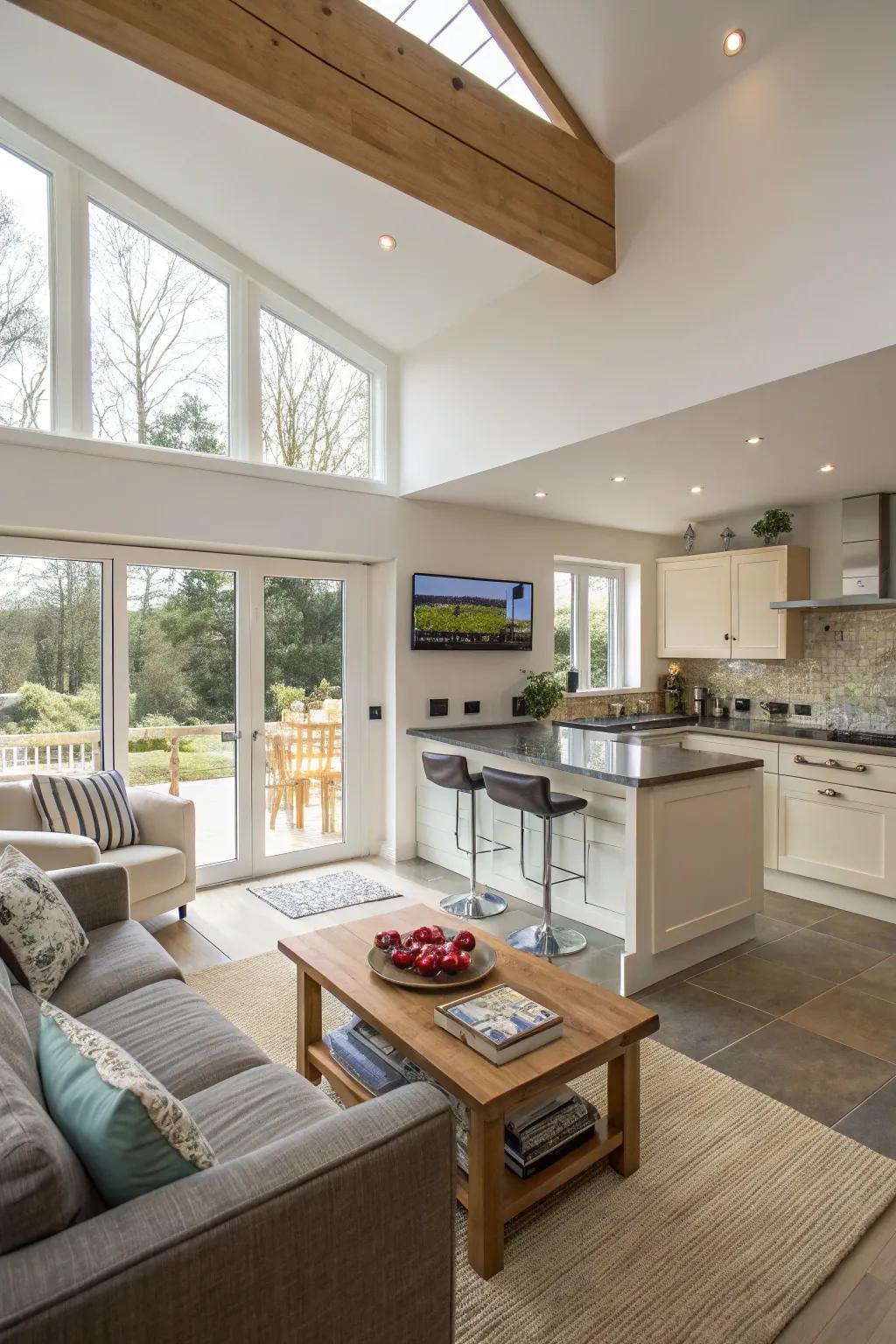 An open-plan kitchen with a TV that can be viewed from both the kitchen and living room.