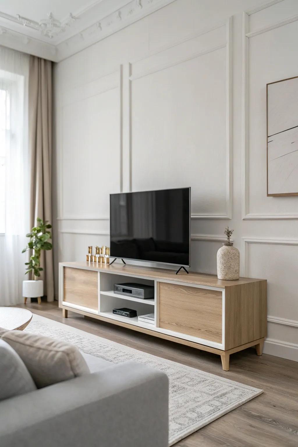 A minimalist TV stand perfectly complements a modern living room.