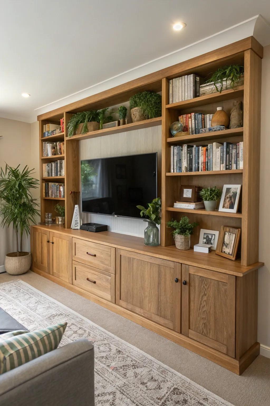 Built-in shelving adds elegance and functionality to this TV wall.