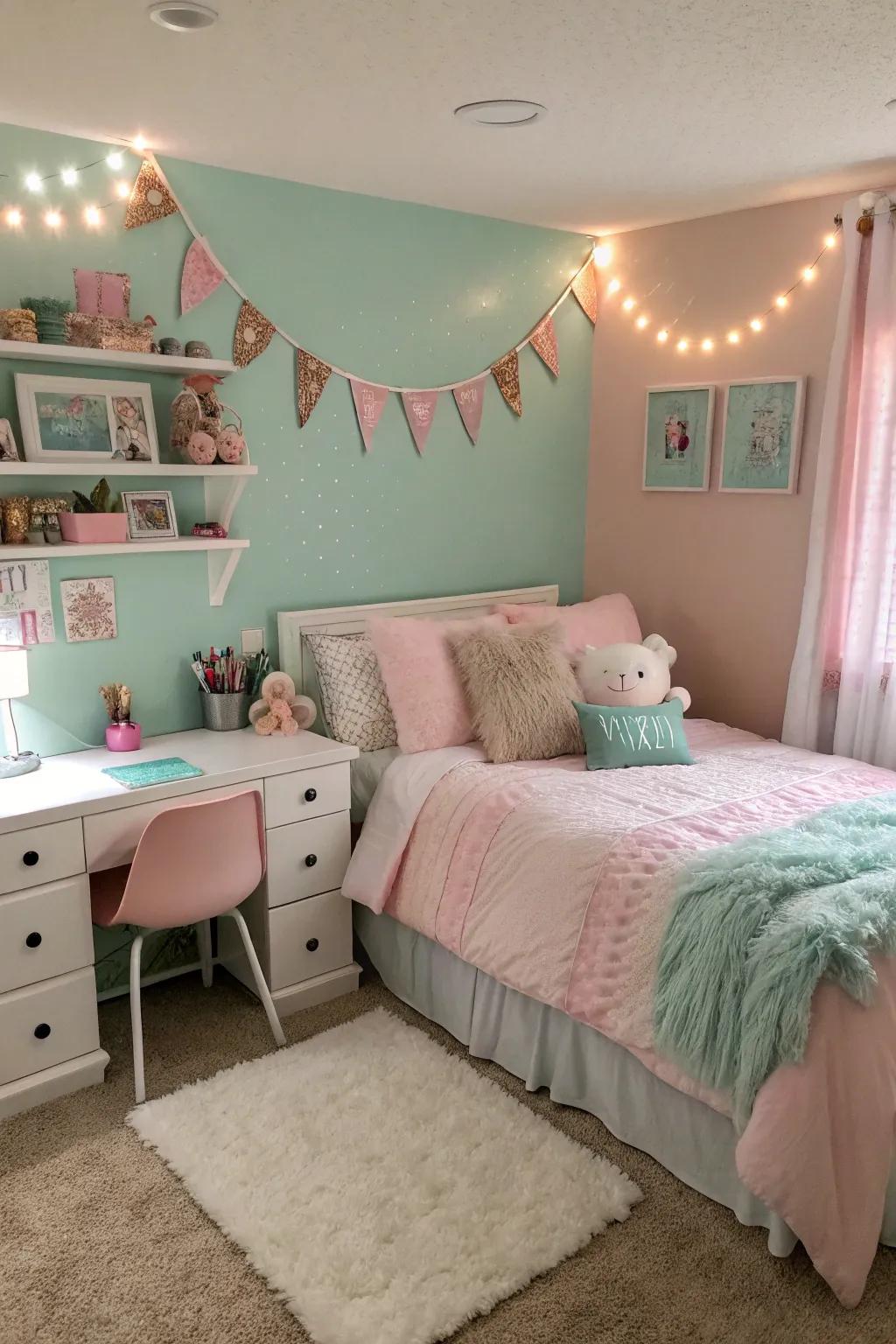 A pastel haven with mint green and blush pink tones.