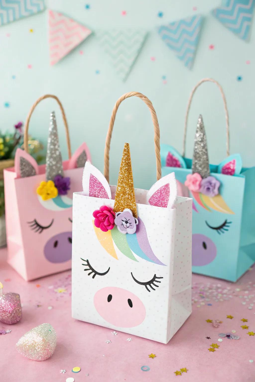 Unicorn favor bags adorned with felt ears and glittery horns.