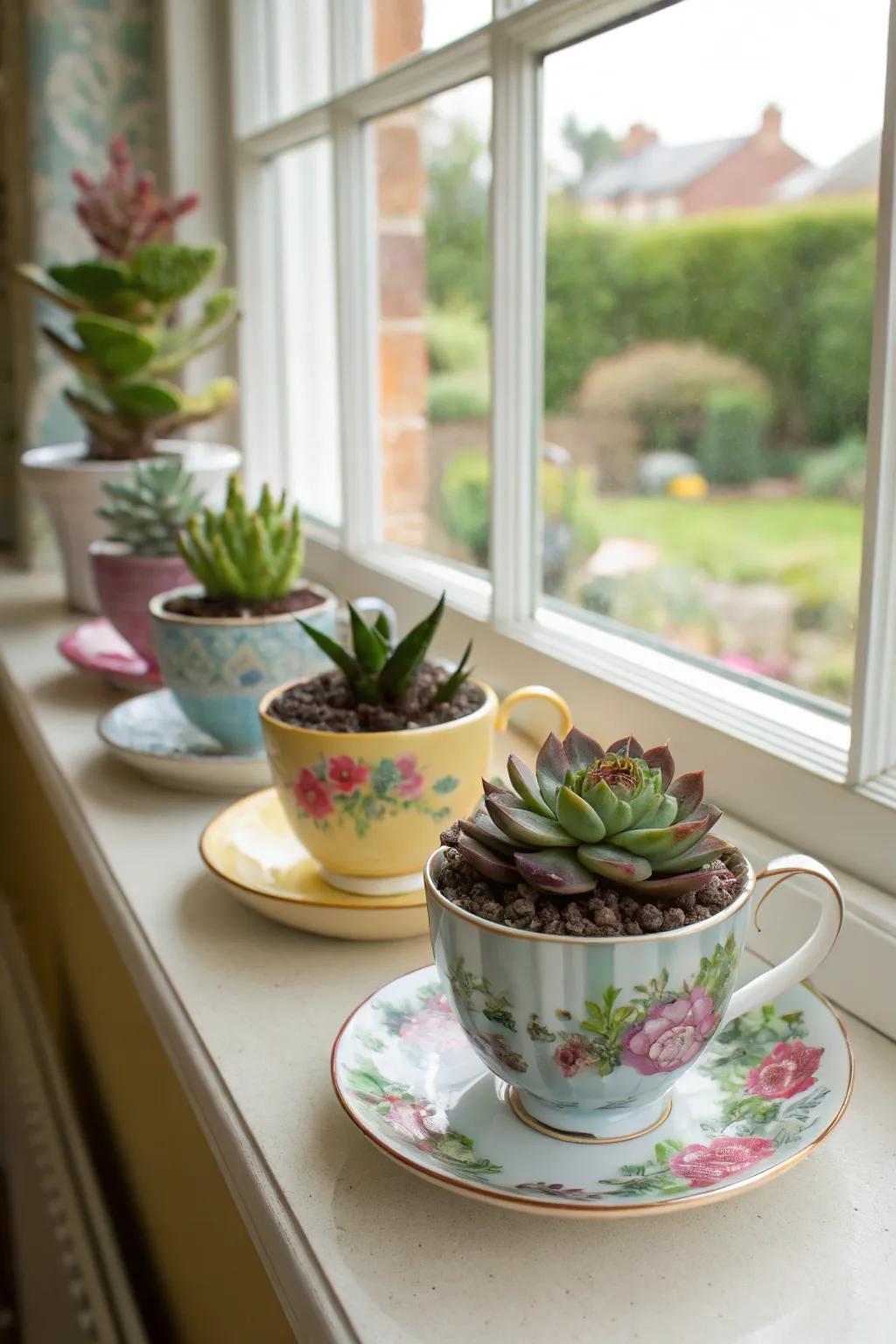 Vintage teacups turned into charming succulent planters, adding a splash of color and nostalgia.