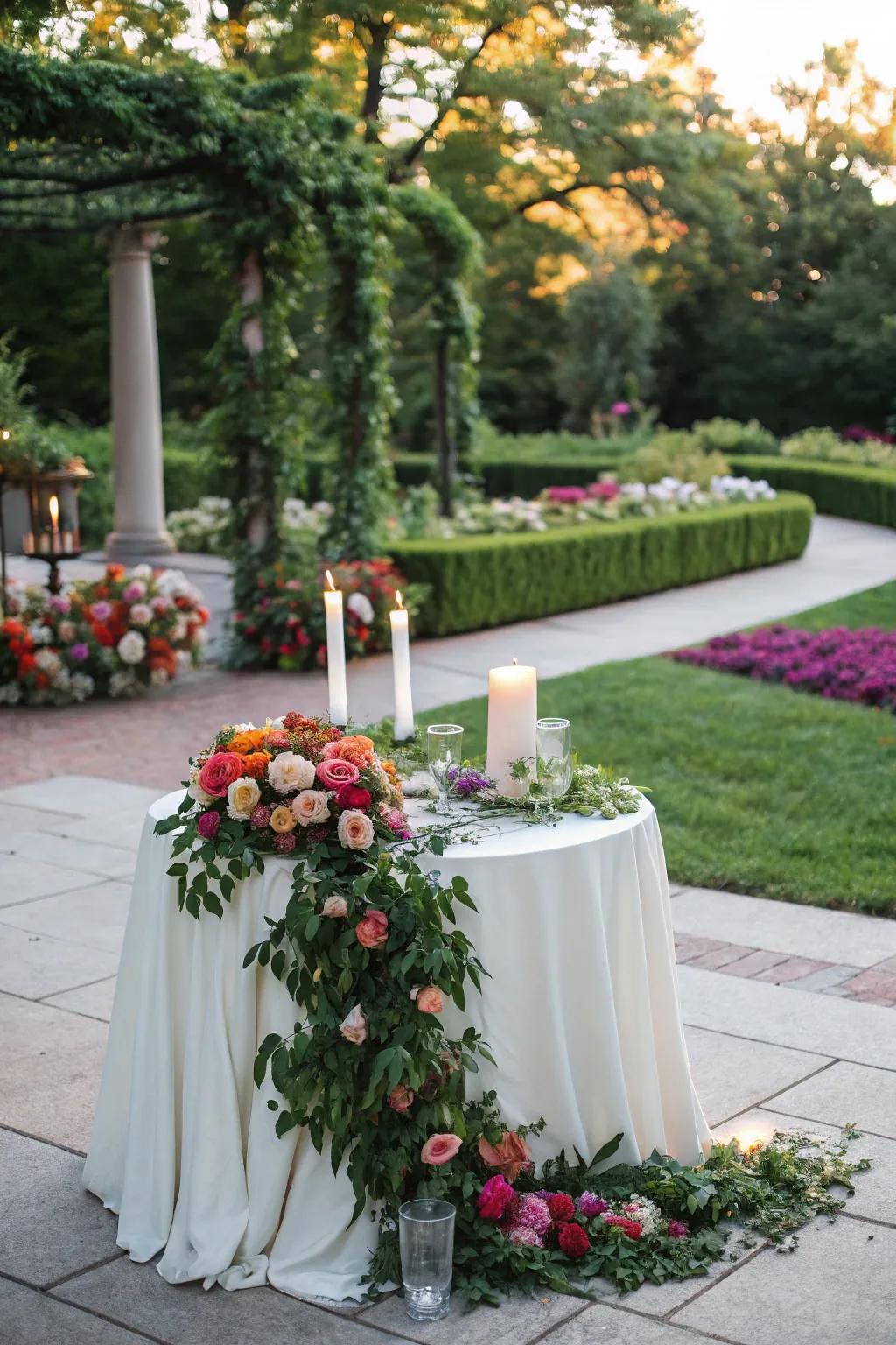 A unity candle table beautifully adorned with lush greenery and vibrant flowers.