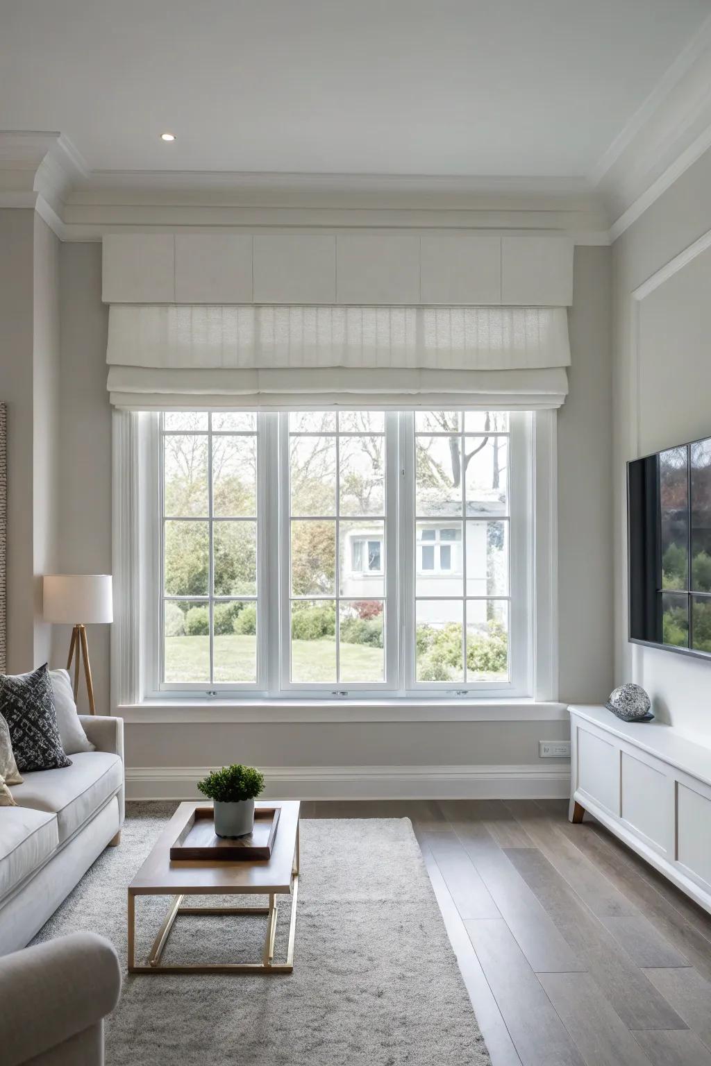 A minimalist window with a sleek white valance in a modern living room.