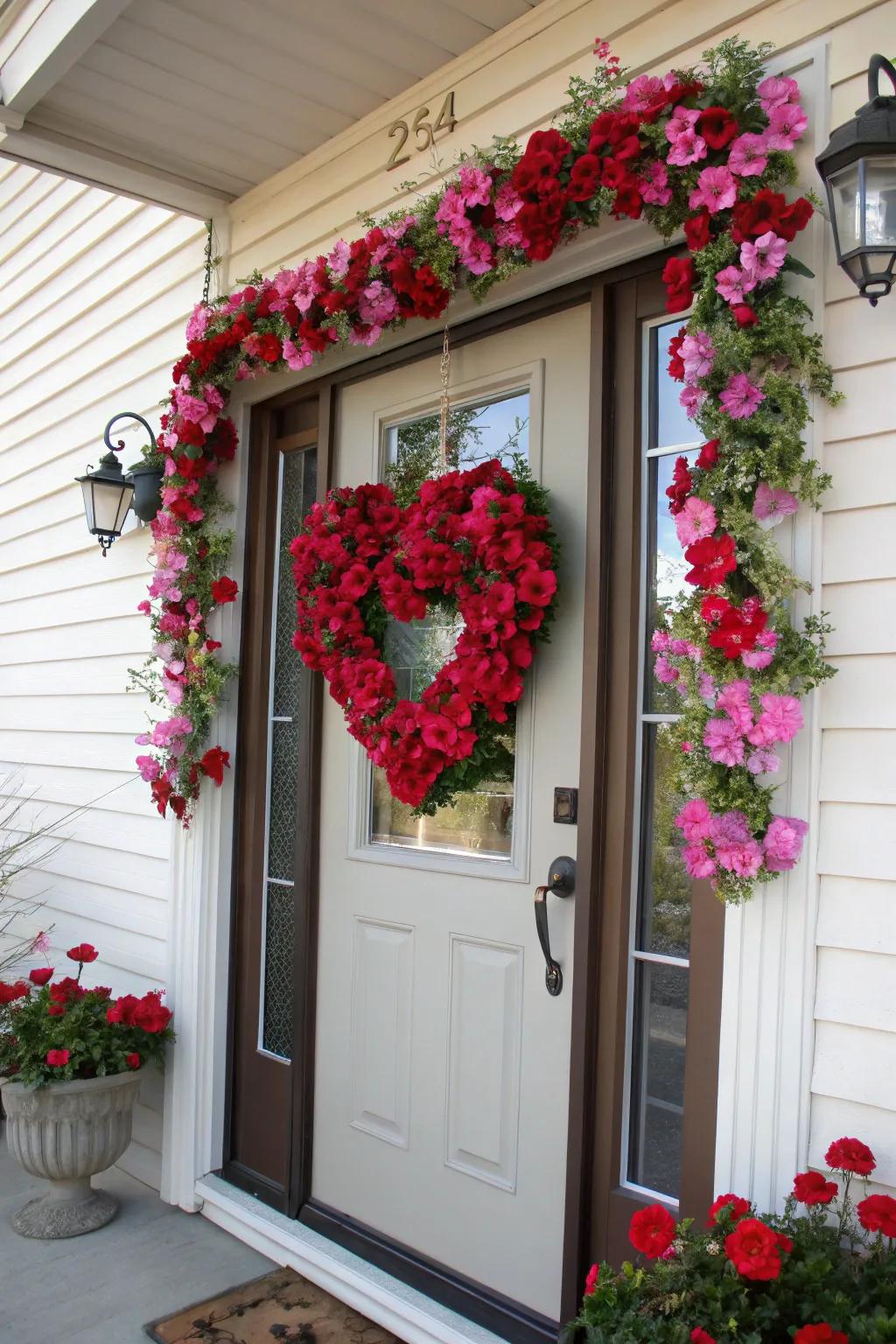 A heart-shaped floral wreath brings charm to any Valentine's Day door.