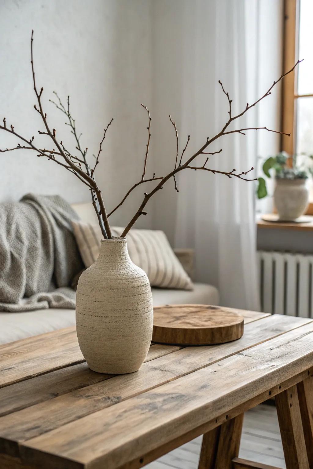 A minimalist vase with a single branch creates a calming atmosphere.