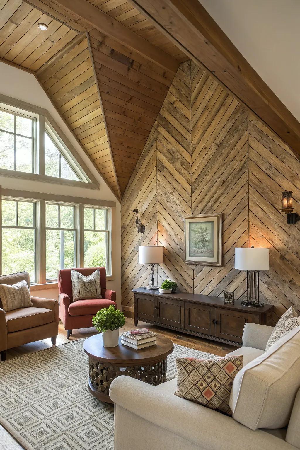 Living room with a vaulted ceiling and textured wood panel accent wall