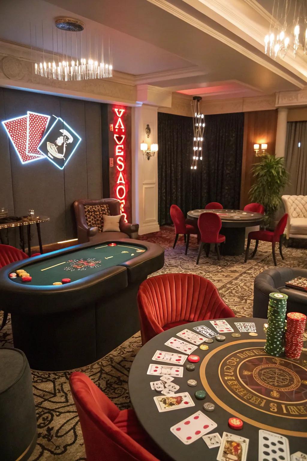 Create a casino night in your home with poker tables and cards.