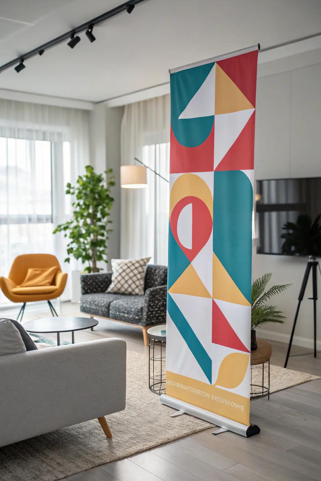 A vertical banner with geometric patterns adds a modern flair to a living room.