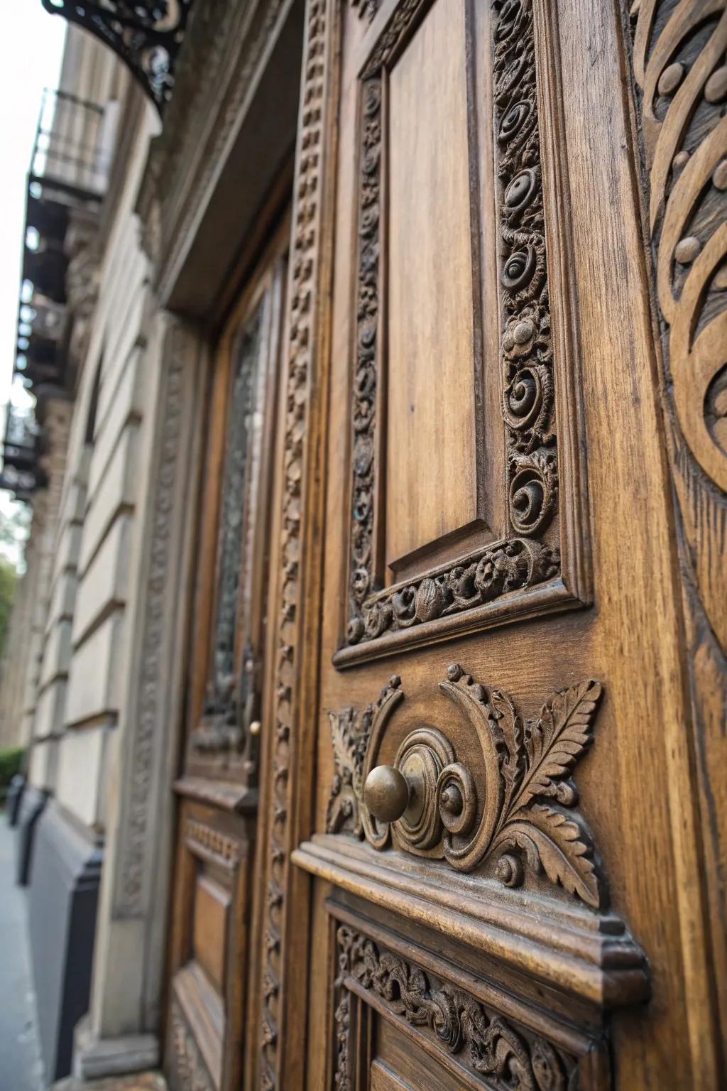 Detailed carvings add elegance to this Victorian front door.