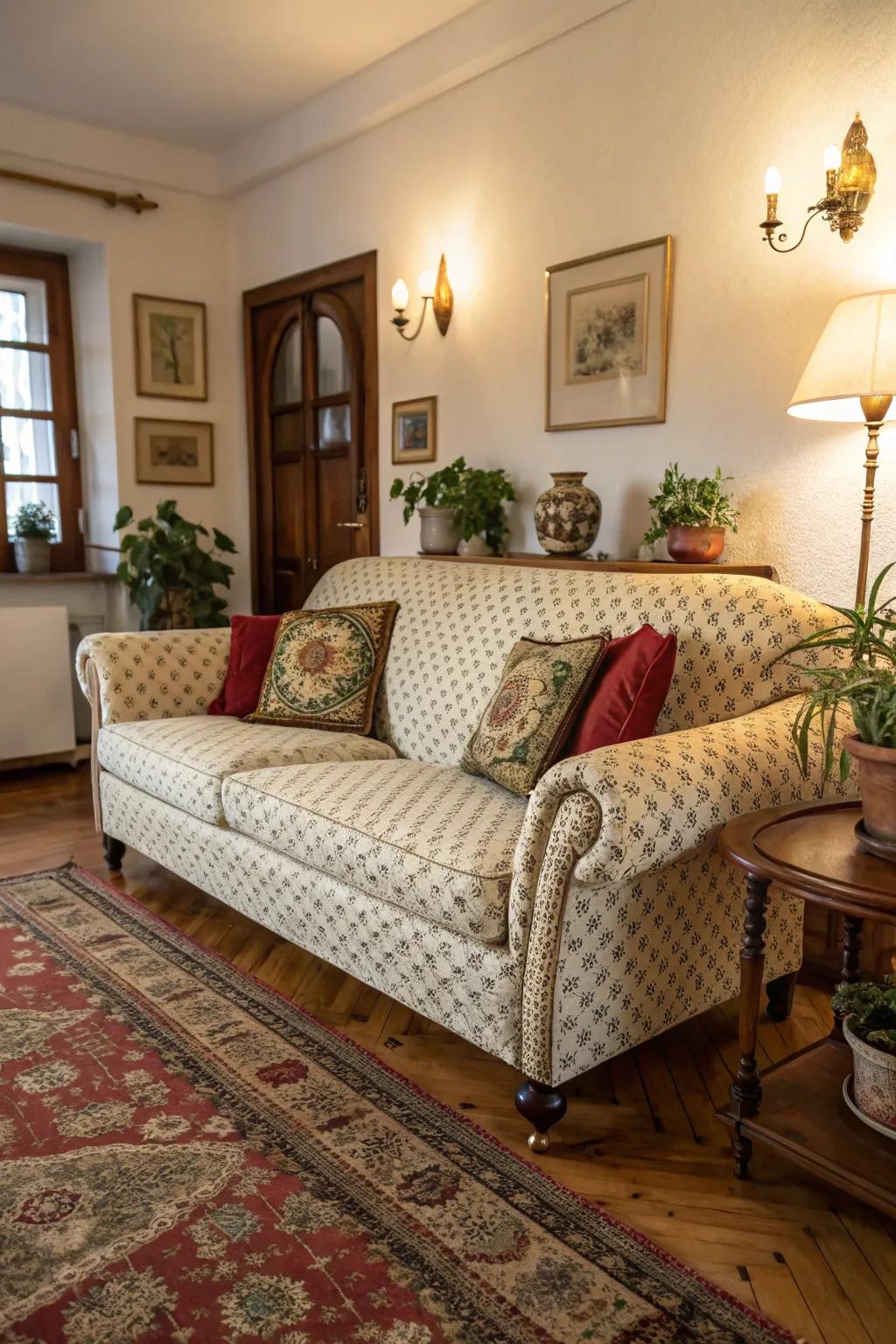 A vintage sofa with classic upholstery as the centerpiece of a cozy living room.