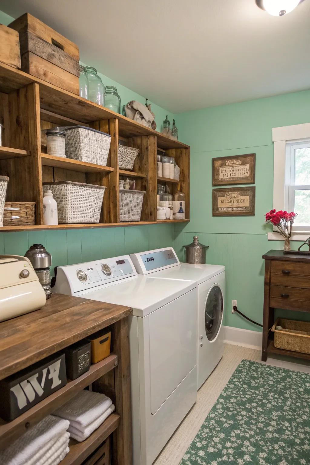 A laundry room with calming seafoam green walls and vintage decor.