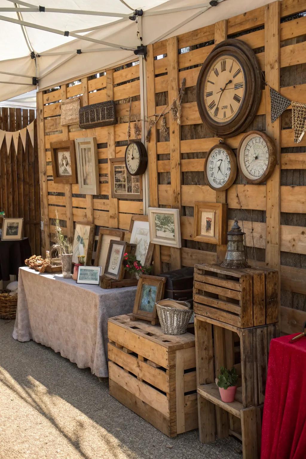 A rustic market booth with wooden backdrops and vintage decor.