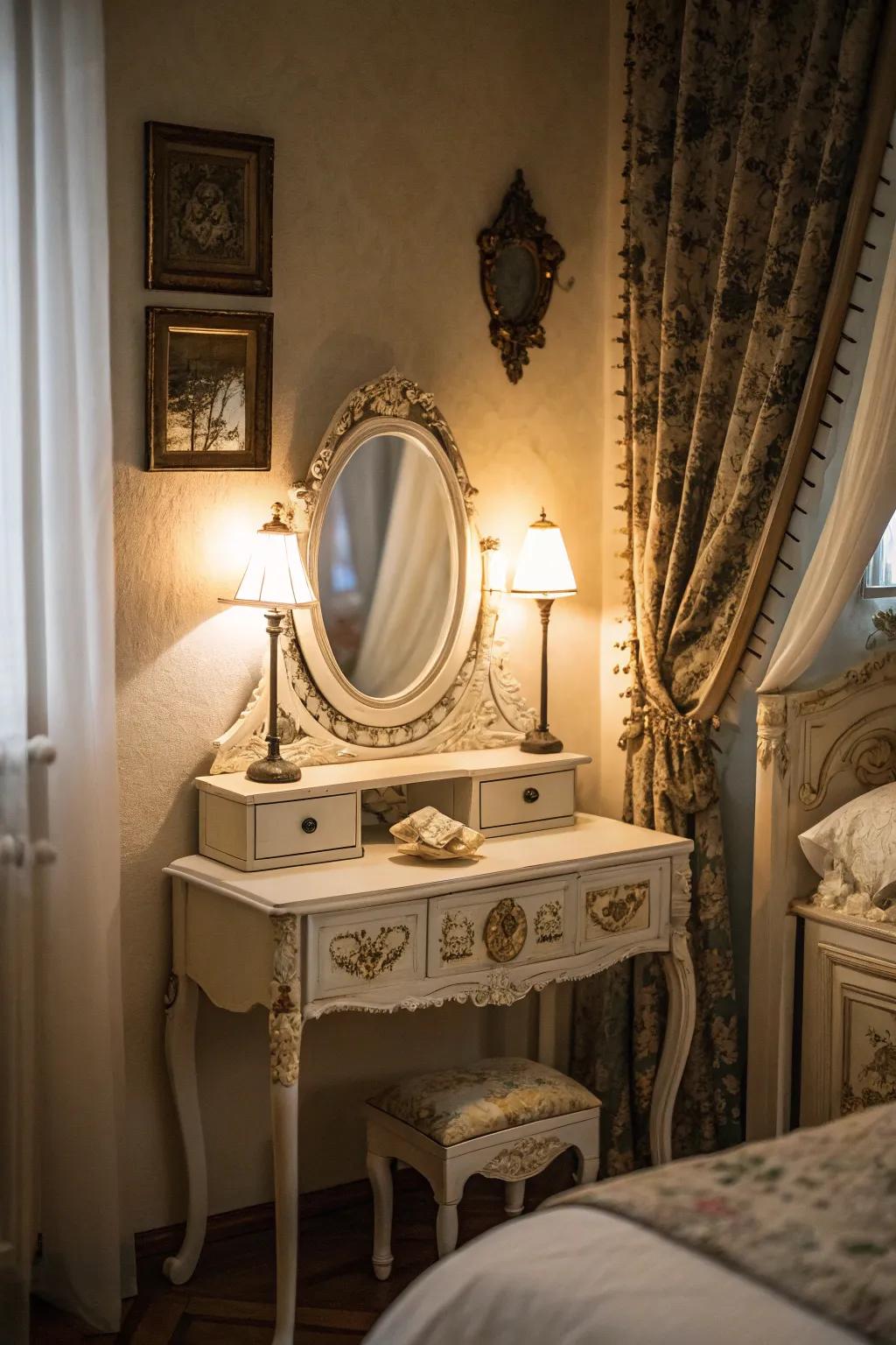 An ornate mirror adds a touch of timeless elegance to any vintage vanity.