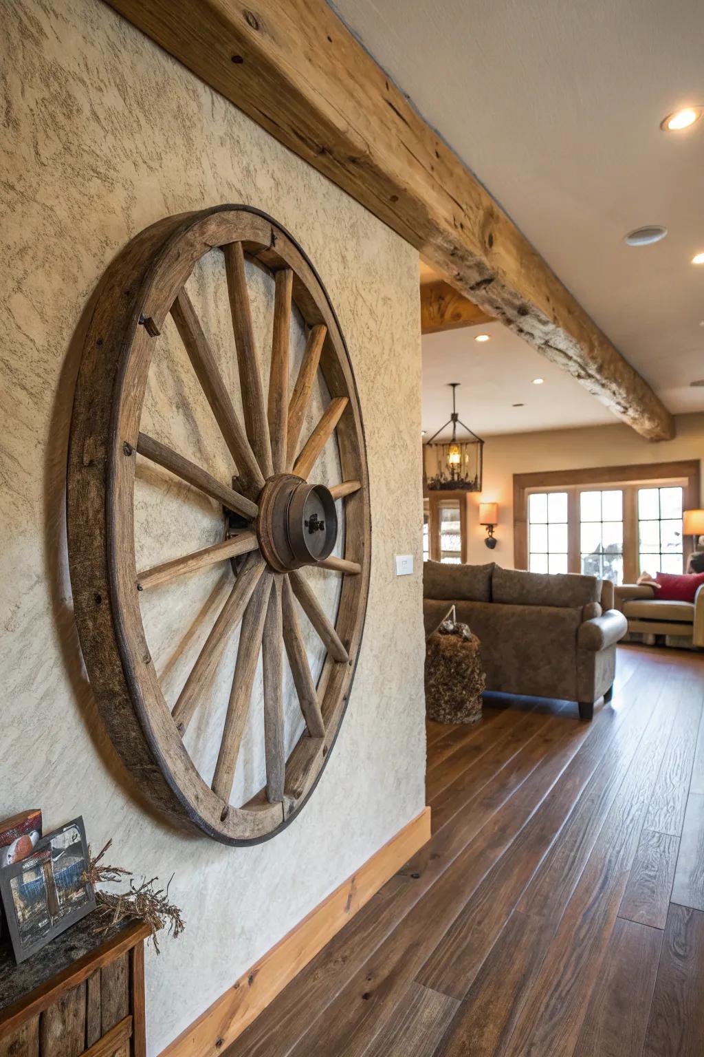 A wagon wheel turns into a captivating focal point in this farmhouse living room.