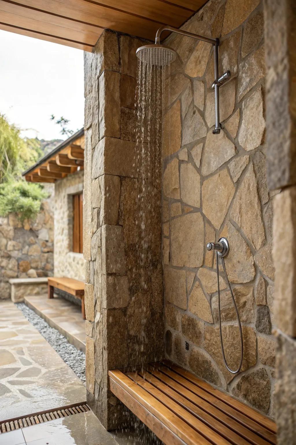 Shower featuring natural stone walls and wooden accents.