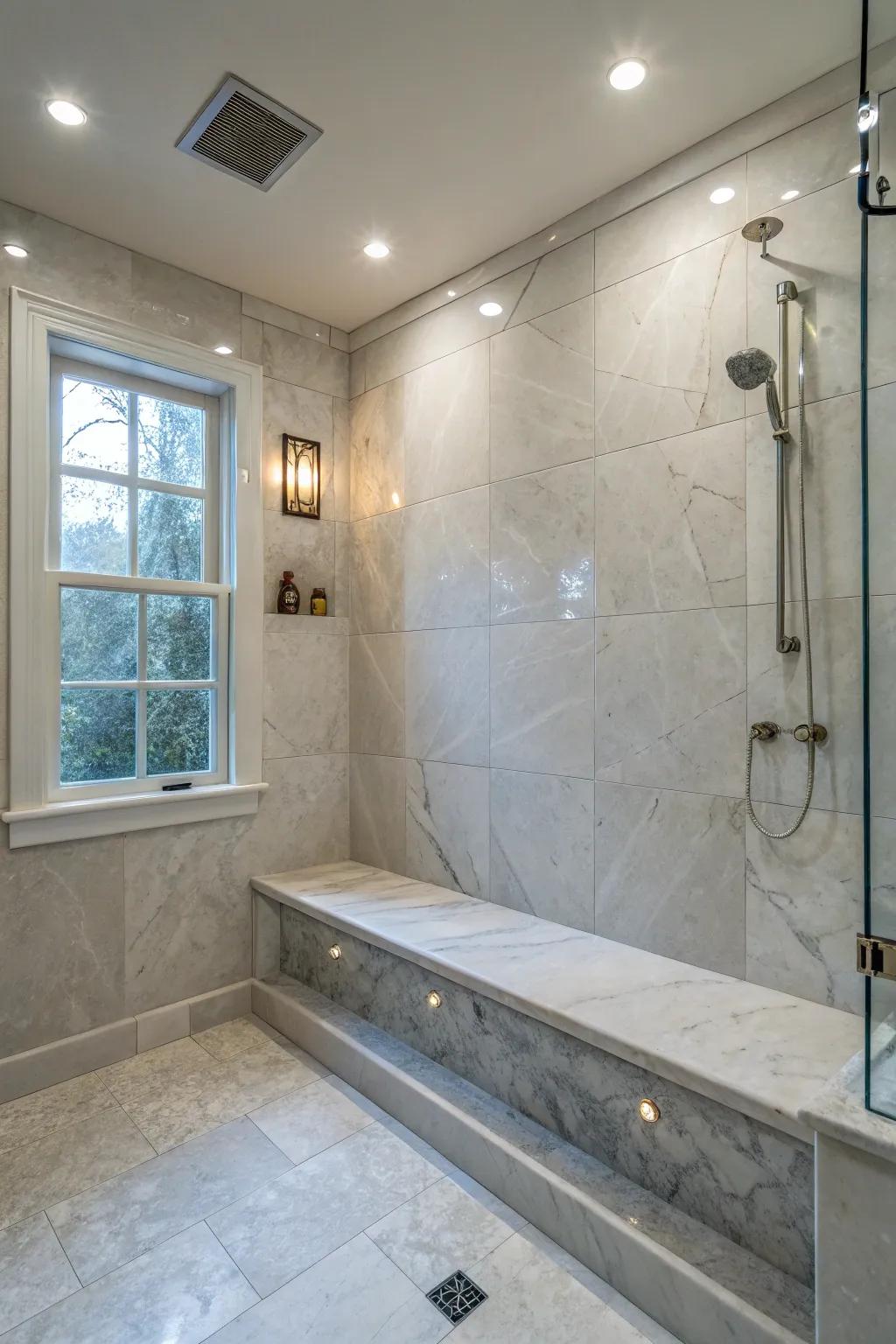 A seamless marble bench integrated into the shower wall offers both luxury and functionality.