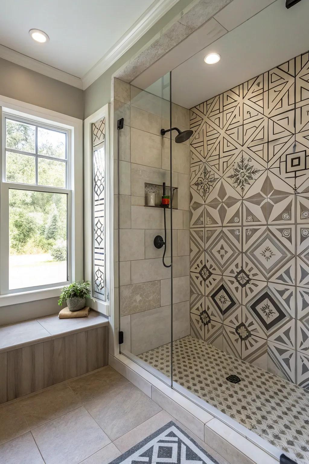 Geometric tiles add a modern and structured touch to your shower.