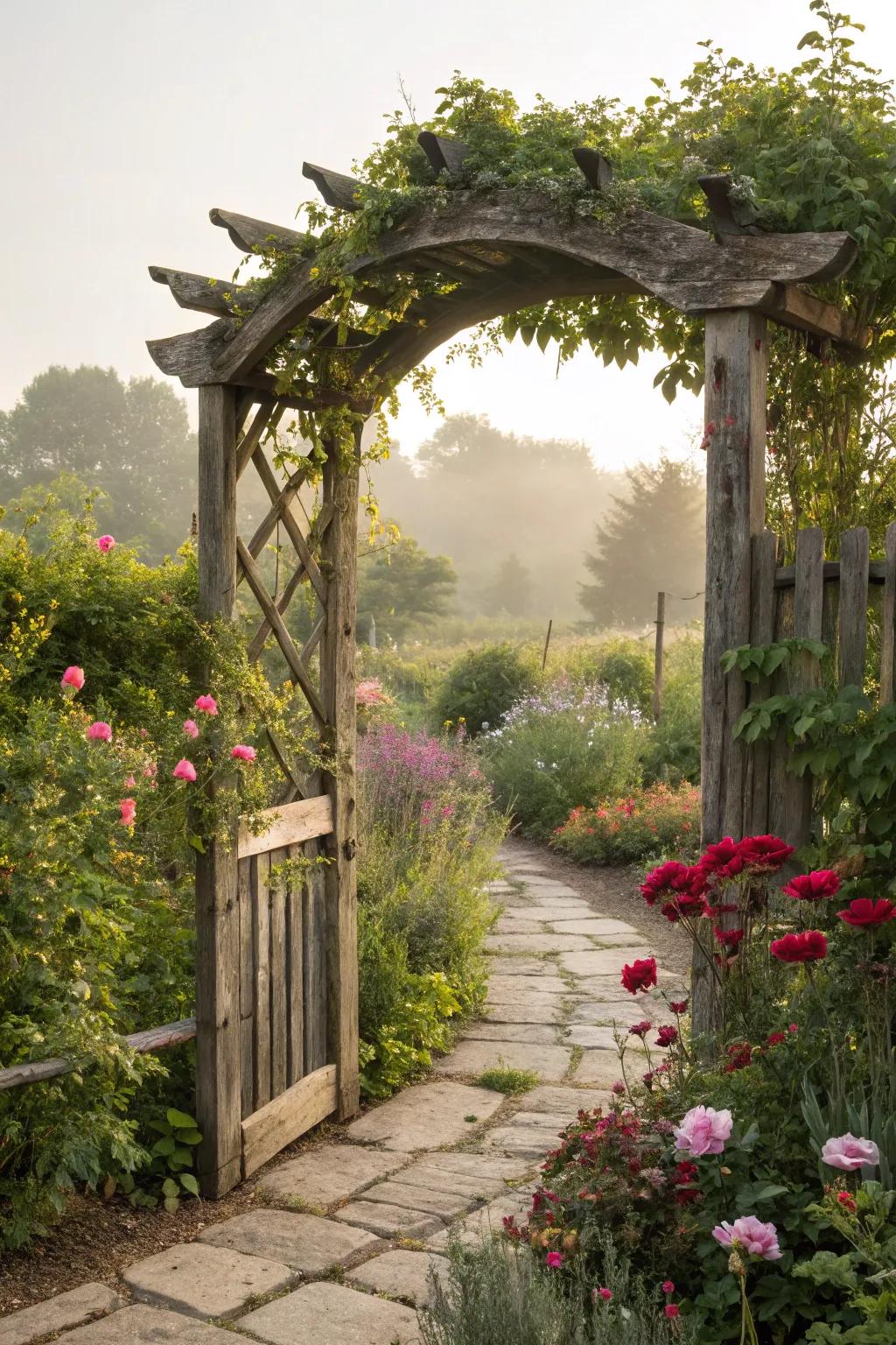 A rustic wooden arch brings timeless charm to any garden path.