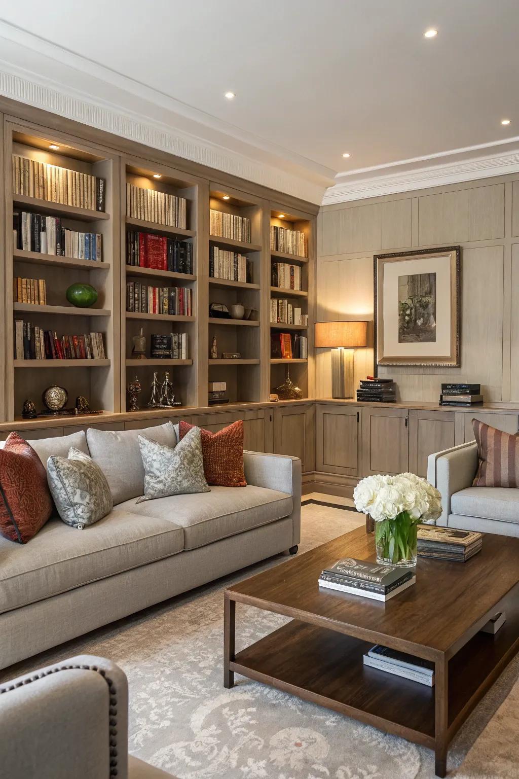 Seamless integration of bookshelves in your living room creates a harmonious atmosphere.