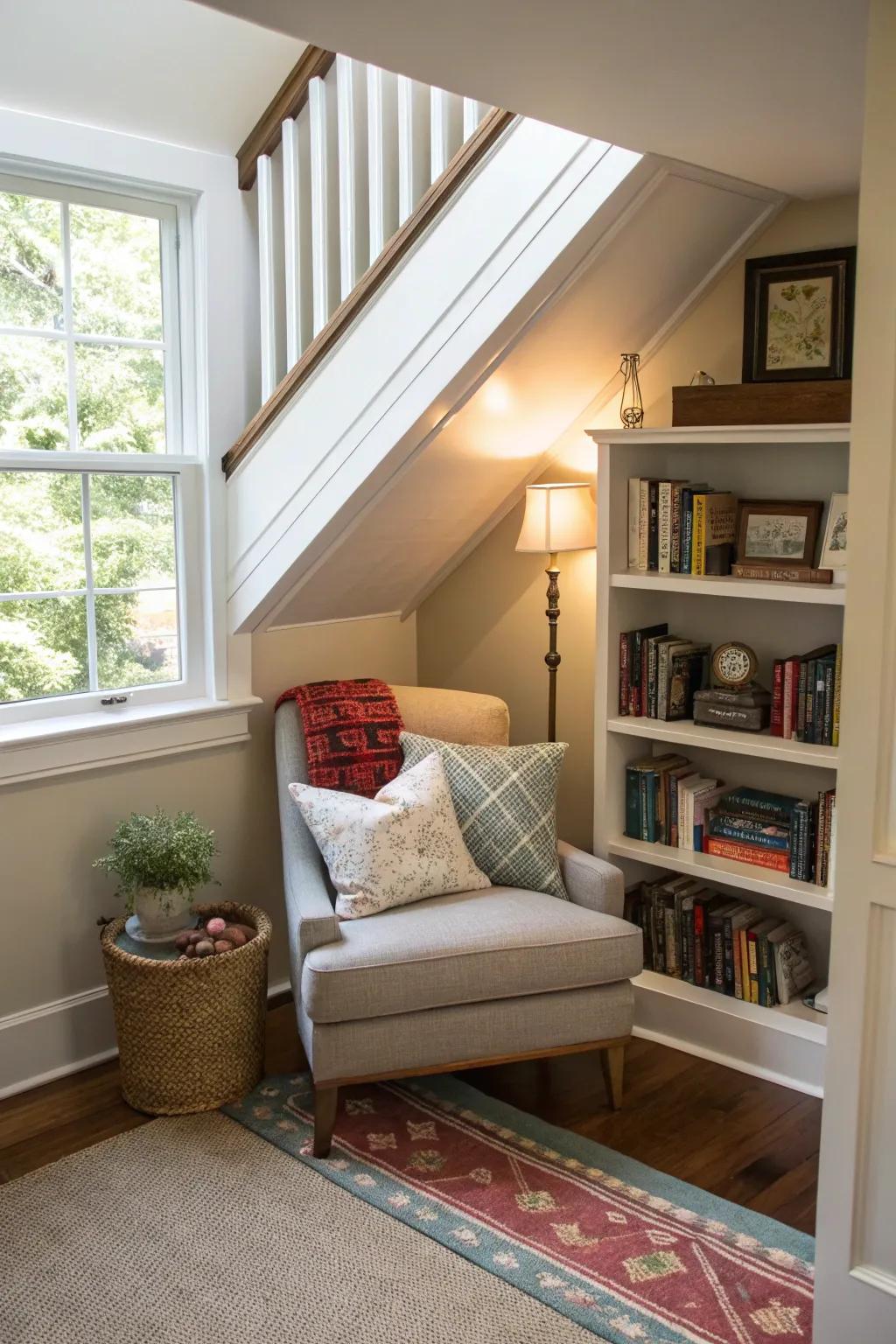 A cozy reading nook under the stairs creates a perfect retreat.