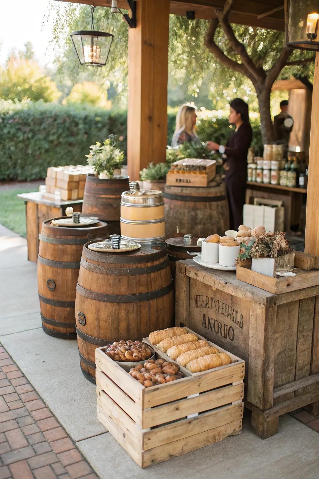 A rustic wedding coffee bar using wooden barrels and vintage crates.