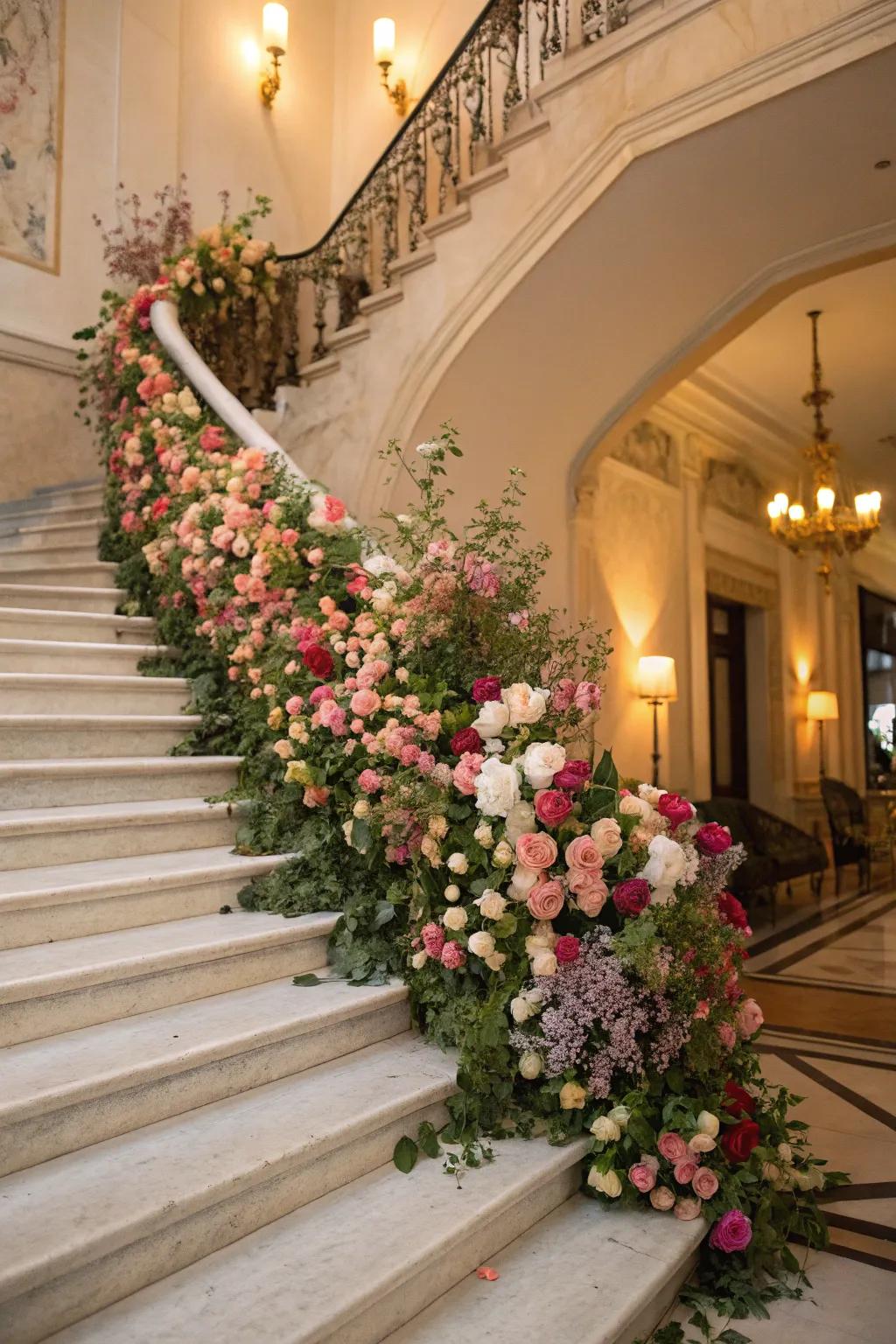 A staircase transformed into a floral wonderland with seasonal blooms.