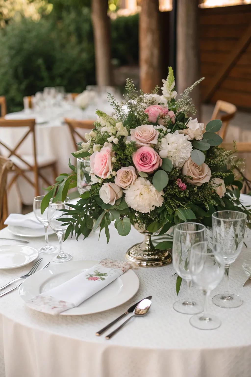 A lush floral arrangement bringing life to the wedding table