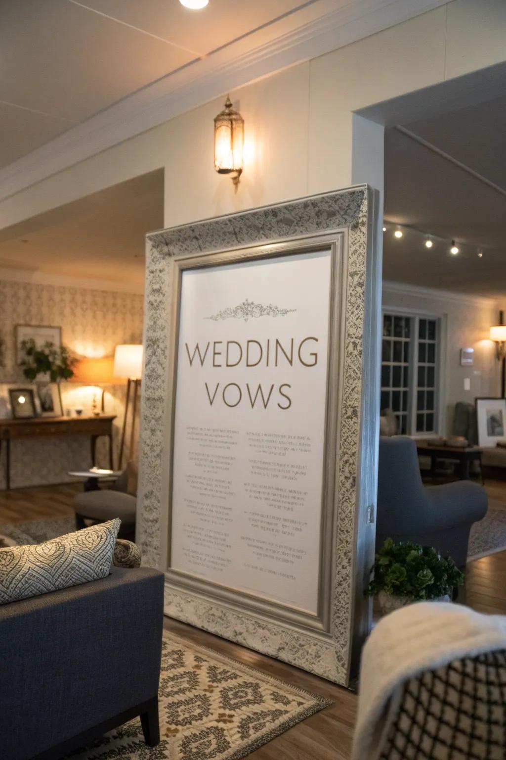 Elegantly framed wedding vows as the focal point in a stylish living room.