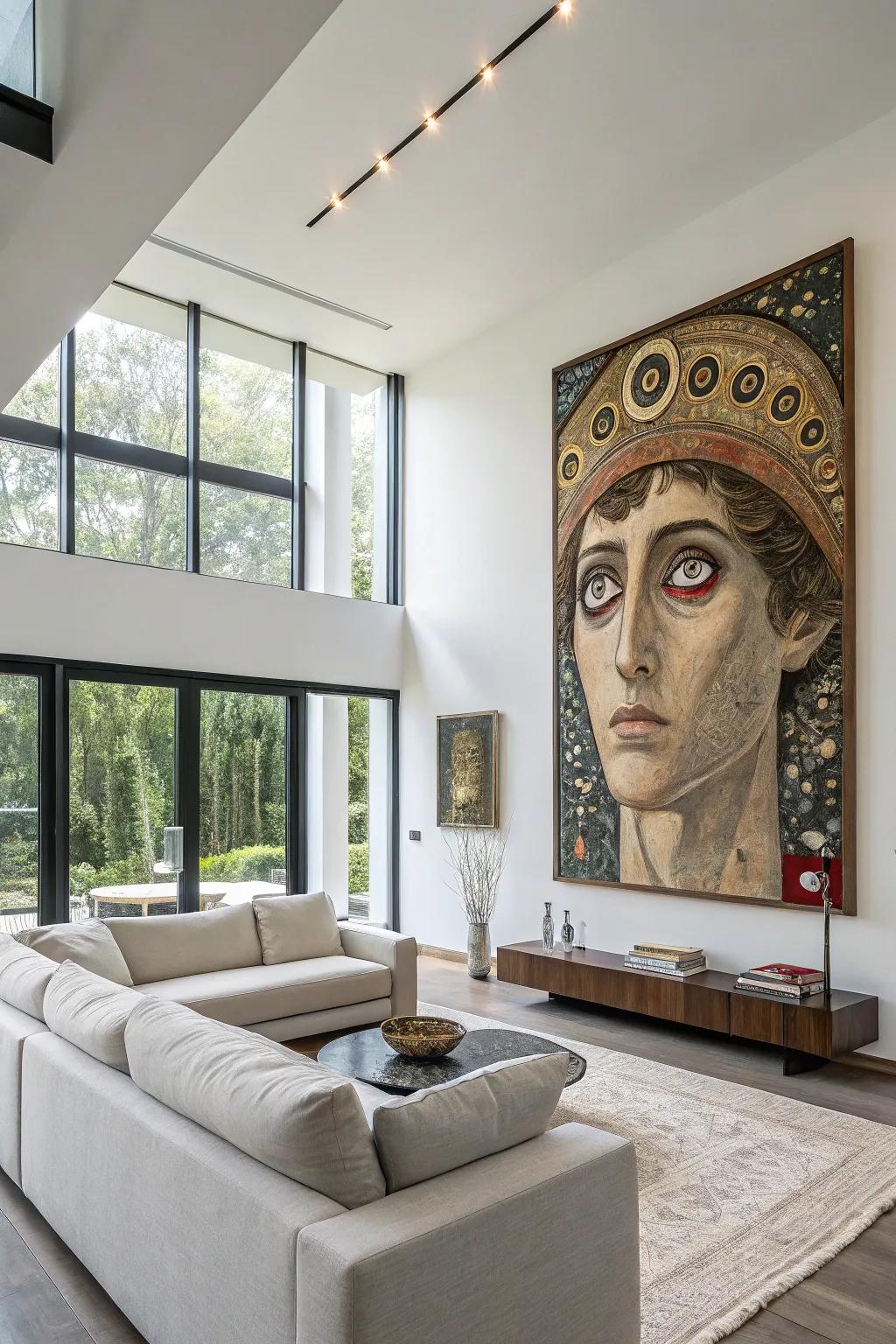 A painting of a face with extra eyes, adding an unusual touch to the decor.