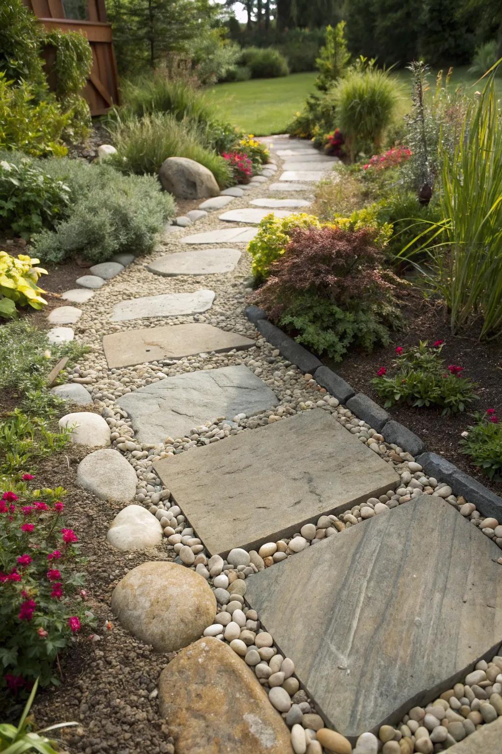 Flagstone path with pebbles providing a natural and polished finish.