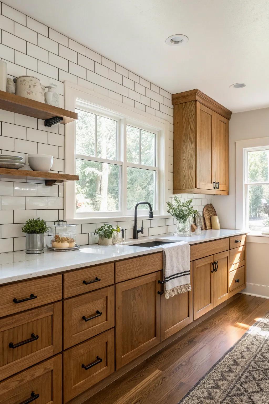 Classic white subway tiles complement the wooden cabinetry.