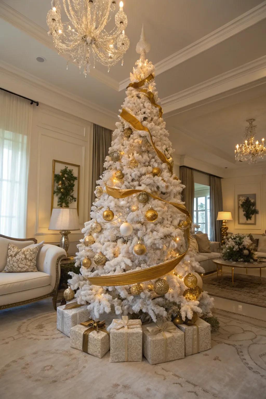 A classic white and gold decorated Christmas tree exuding elegance.