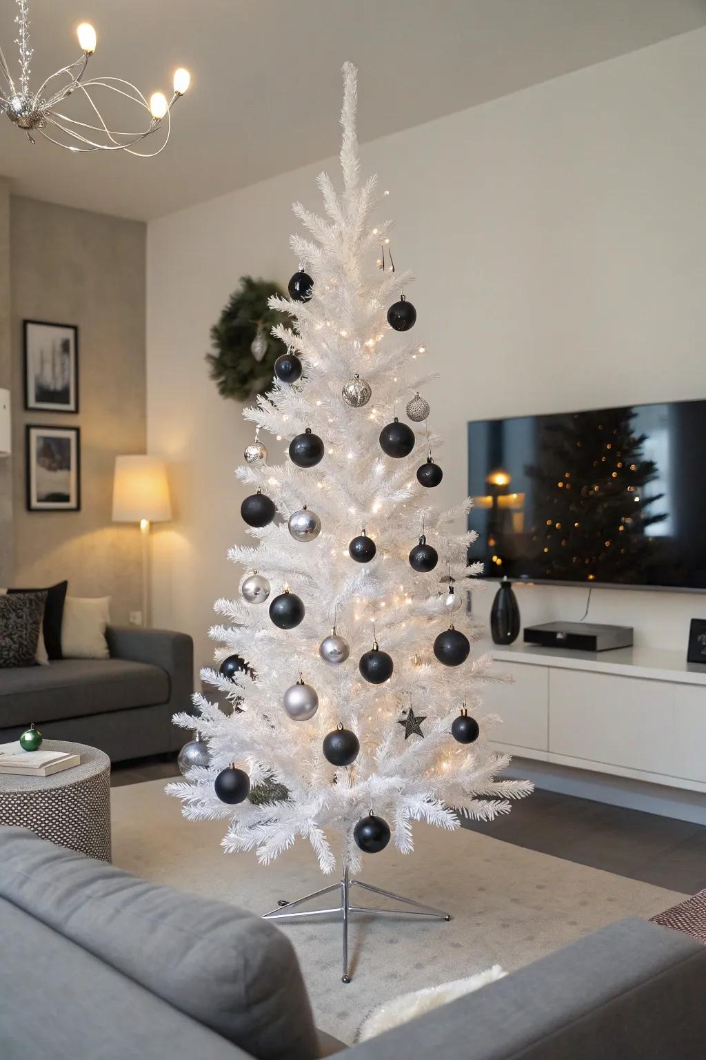 A minimalist monochrome white pencil tree in a modern living room.