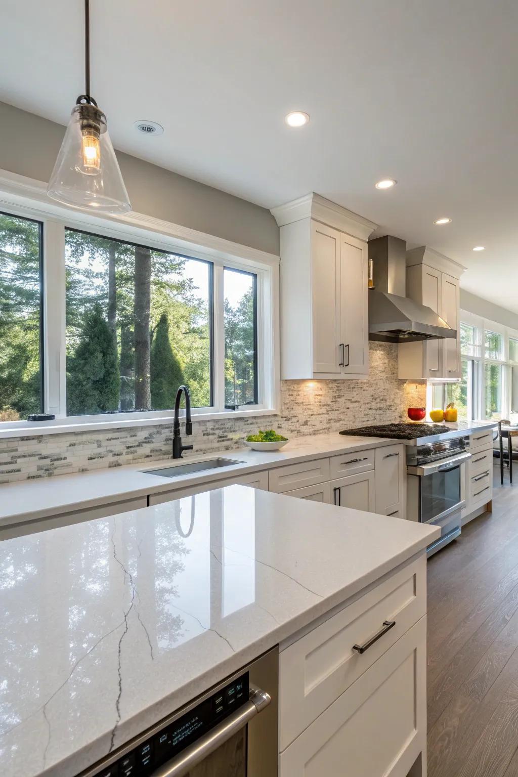 Full height quartz backsplash creating a seamless and elegant kitchen look.