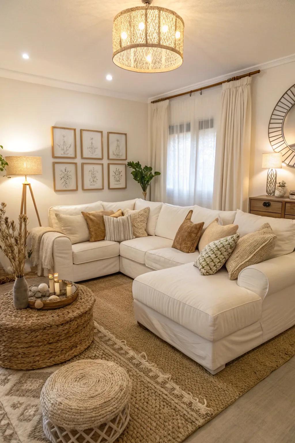 A harmonious blend of neutral tones with a white sectional as the centerpiece.