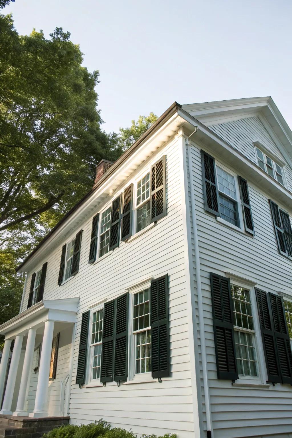 A colonial-style home featuring classic white vinyl siding and contrasting dark shutters.