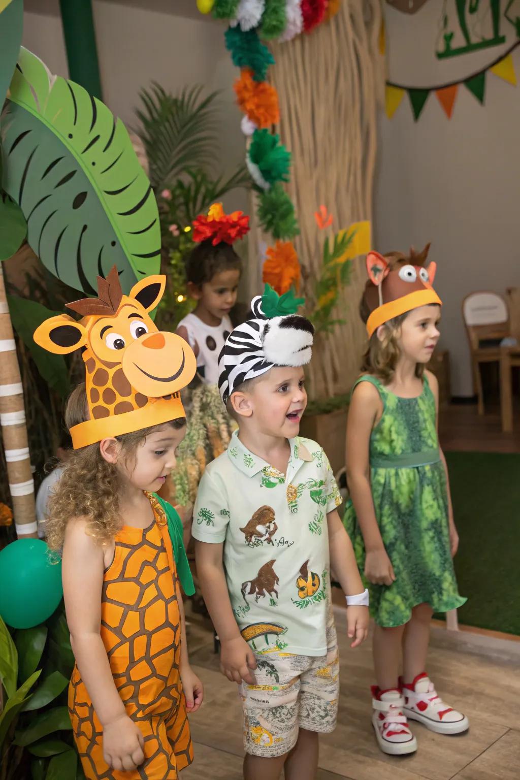 Kids transforming into wild animals with fun jungle headbands.