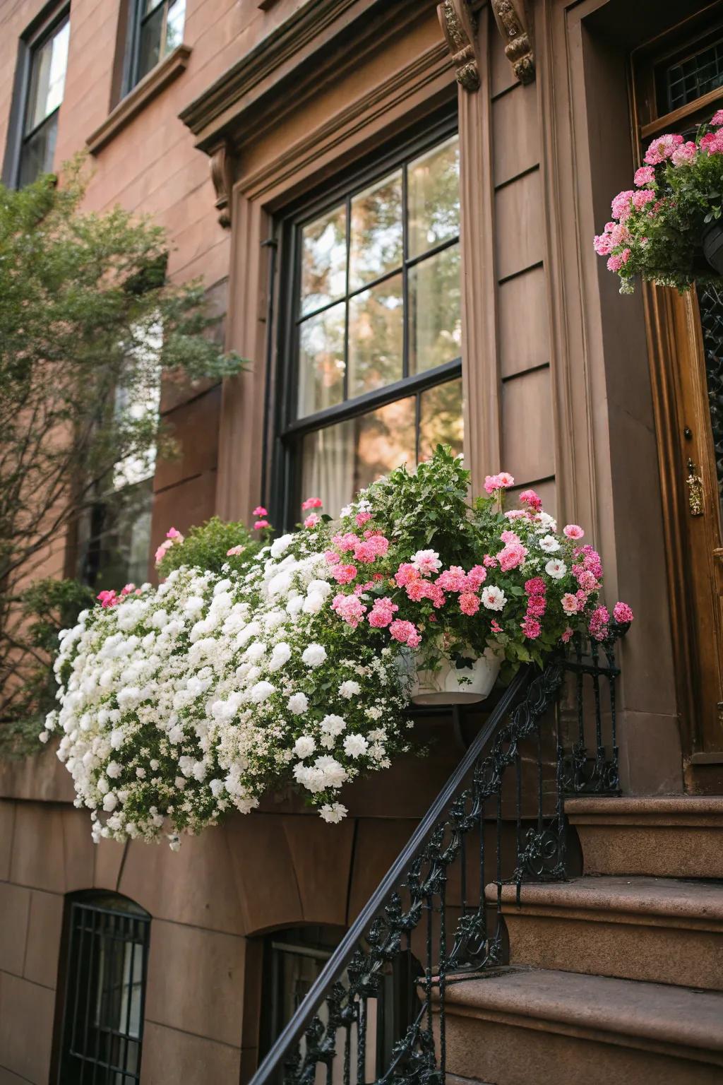 A harmonious color scheme with white and pink flowers against a brownstone.